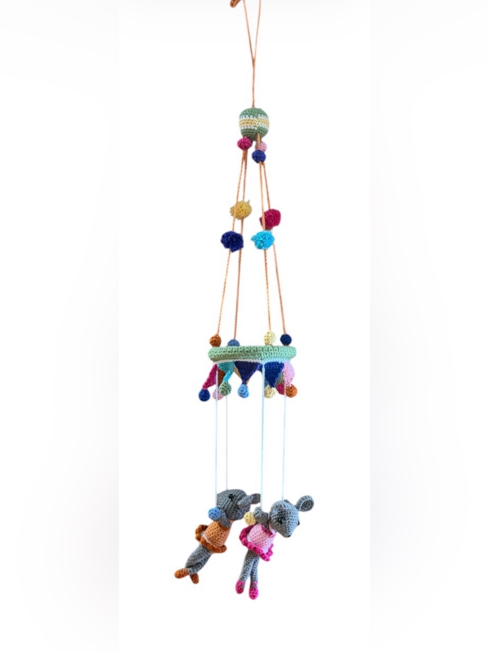 Handmade Circus Ballet Crochet Hanging Mobile Yarn 2 mice multicolor